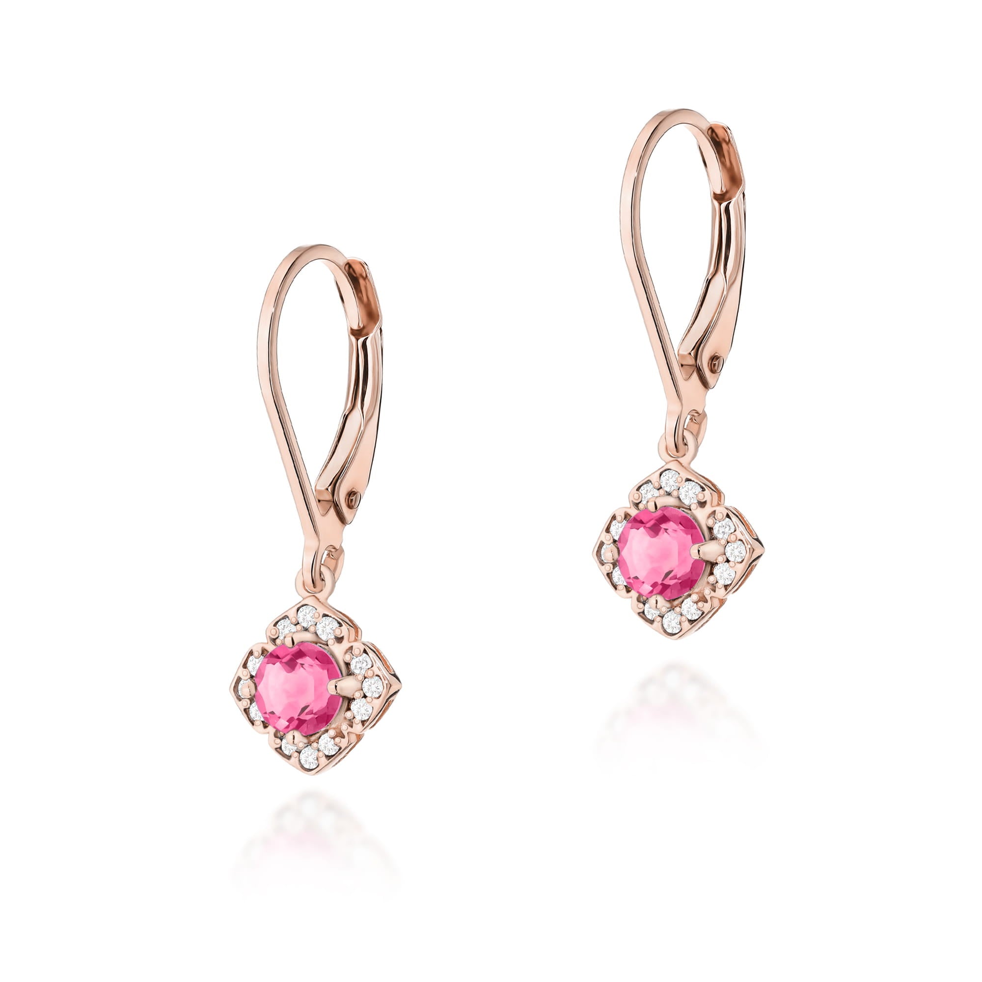 Gold Earrings With Pink Topaz And Diamonds