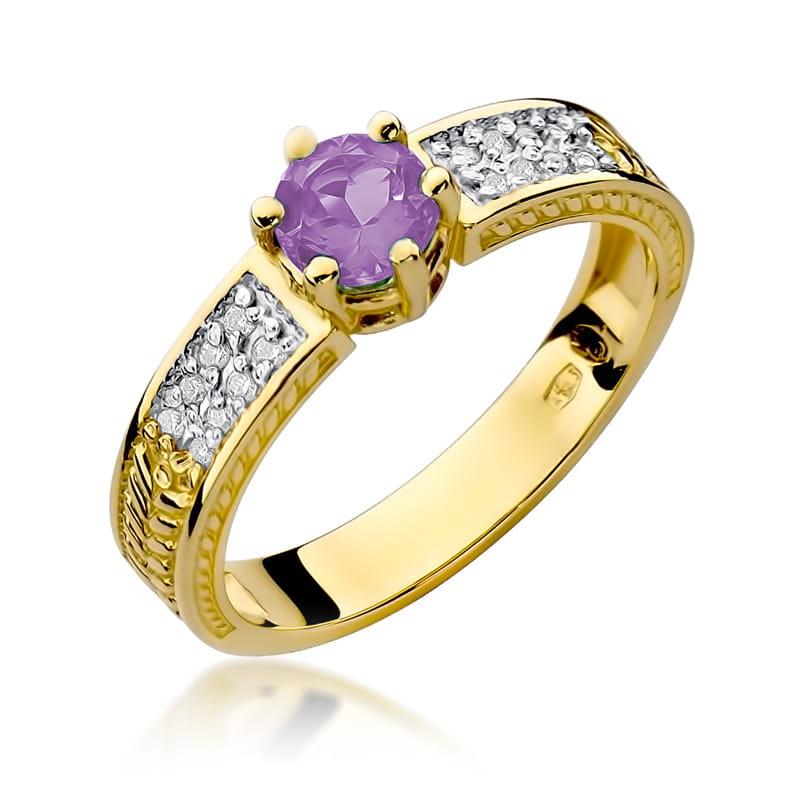 Auksinis Žiedas Su Ametistu Ir Deimantais