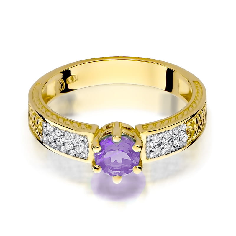 Auksinis Žiedas Su Ametistu Ir Deimantais