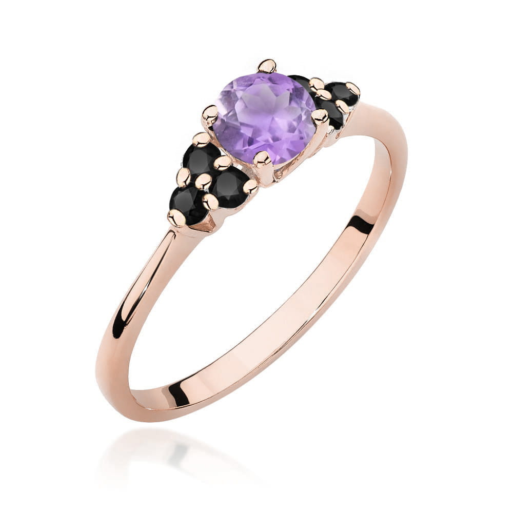 Auksinis Žiedas Su Ametistu Ir Juodais Deimantais
