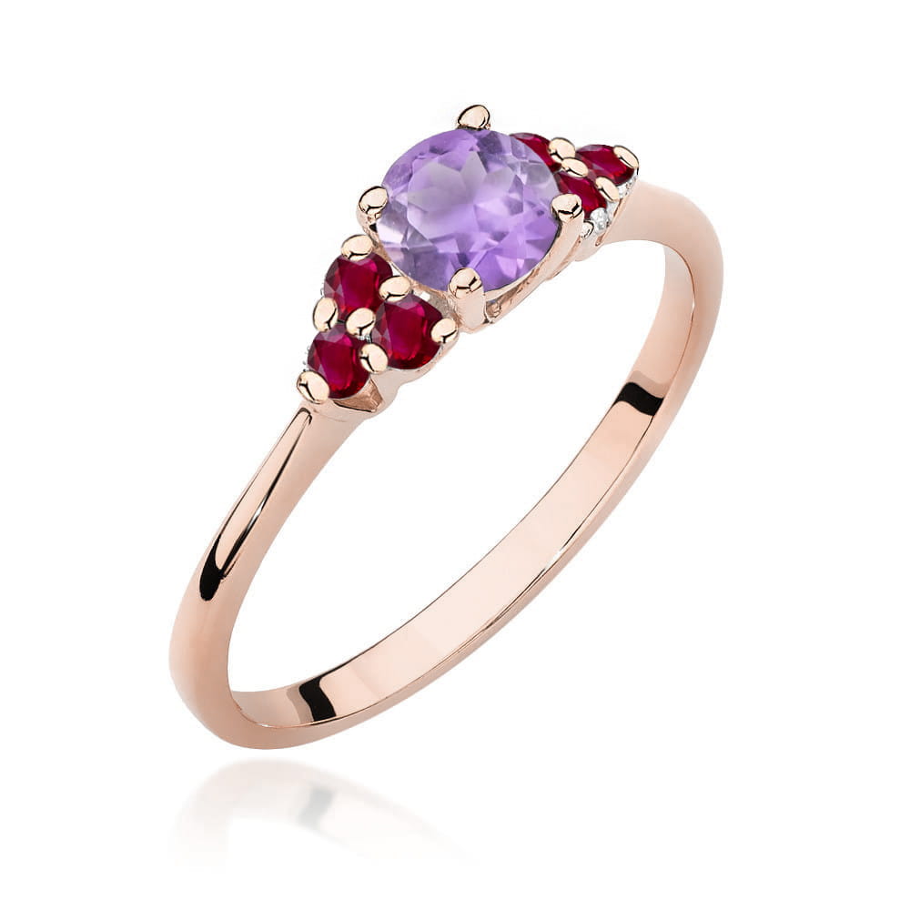 Auksinis Žiedas Su Ametistu Ir Rubinais