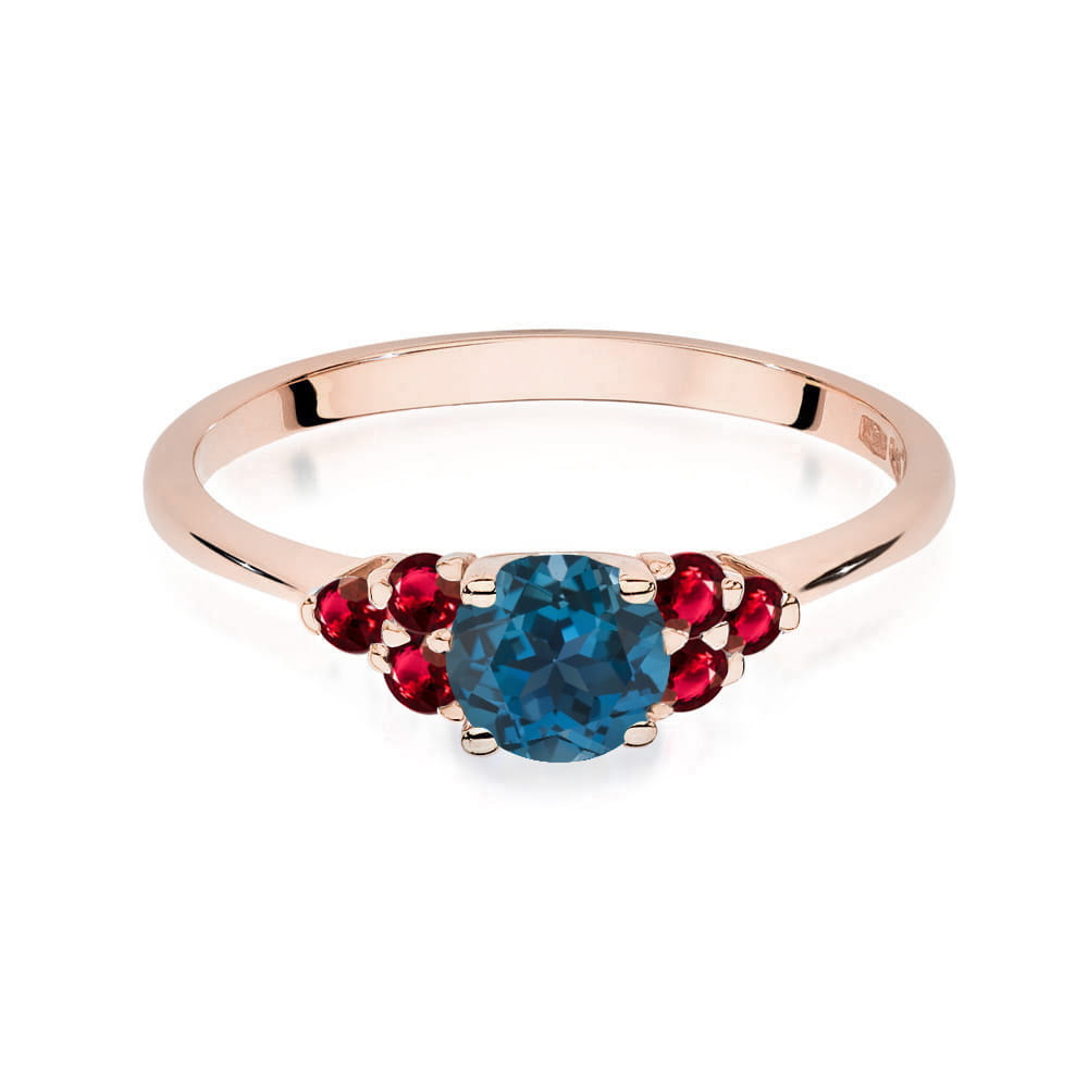 Gold Ring With London Topaz And Rubies