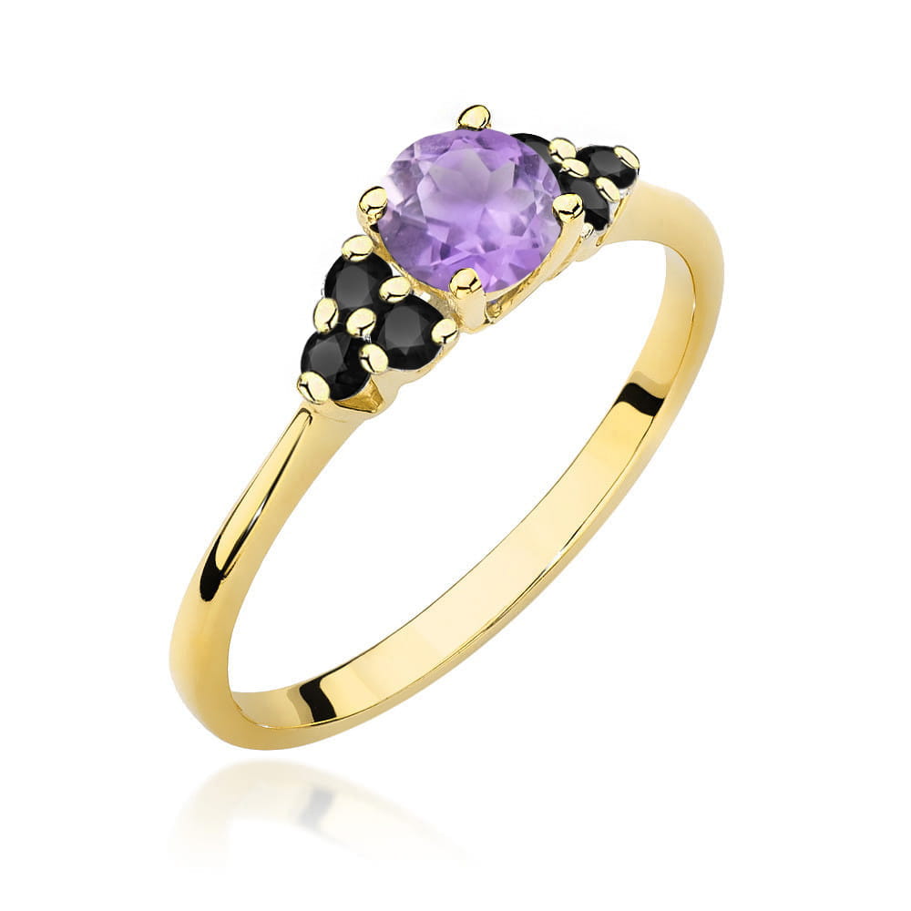 Auksinis Žiedas Su Ametistu Ir Juodais Deimantais