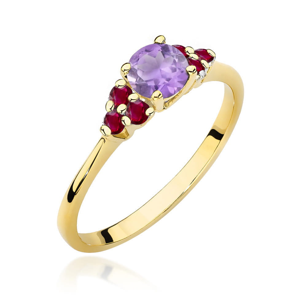 Auksinis Žiedas Su Ametistu Ir Rubinais