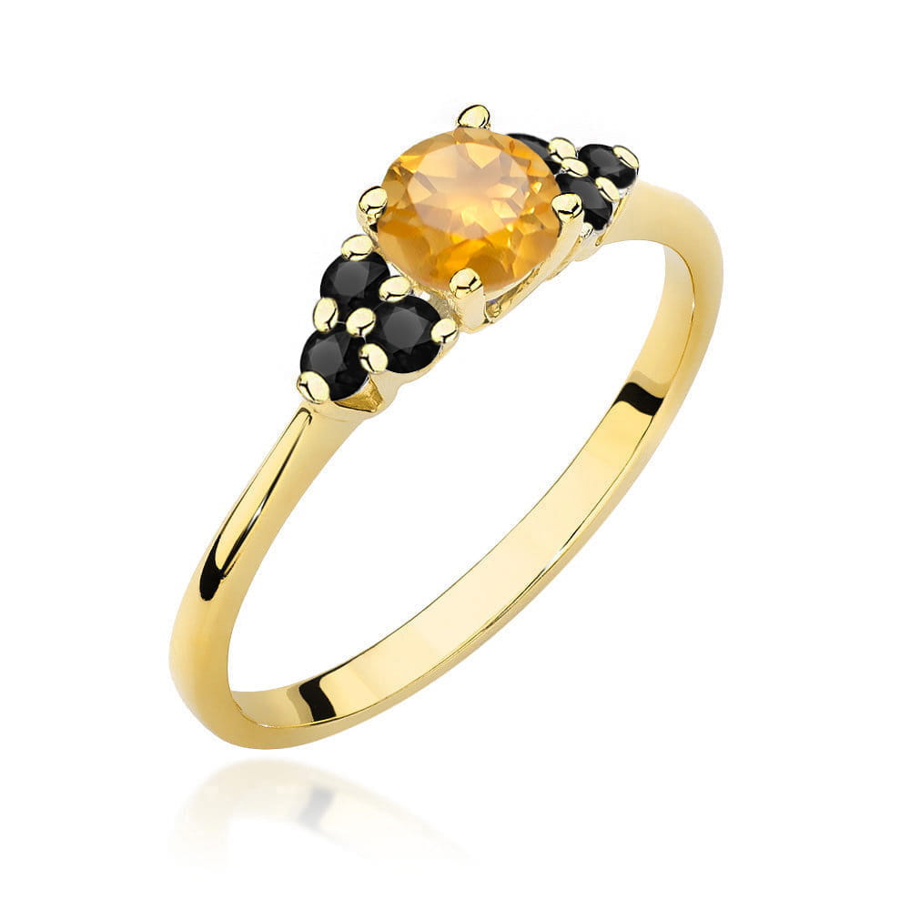 Auksinis Žiedas Su Citrinu Ir Juodais Deimantais
