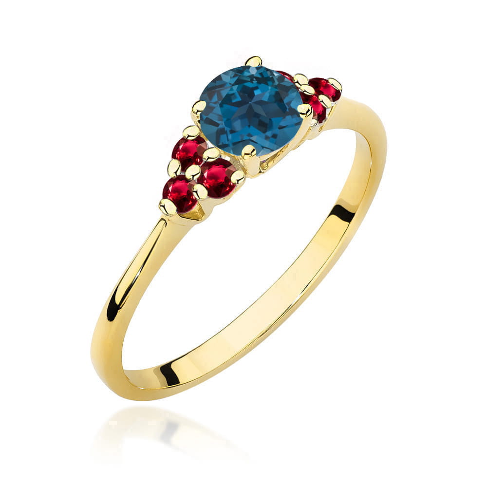Gold Ring With London Topaz And Rubies