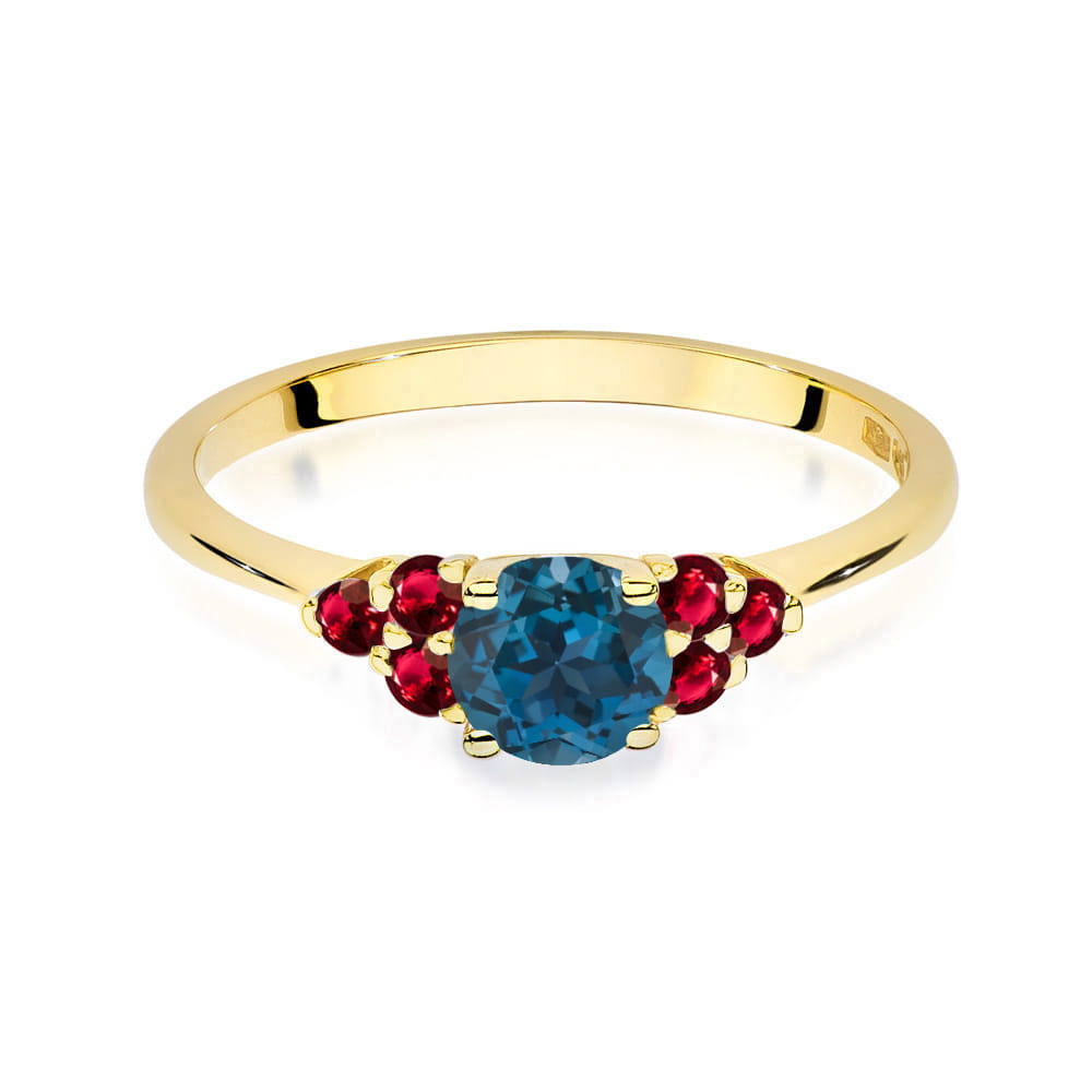 Gold Ring With London Topaz And Rubies